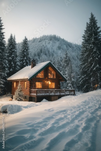 Wooden house in a white winter forest with tall pine trees in the evening. © liliyabatyrova