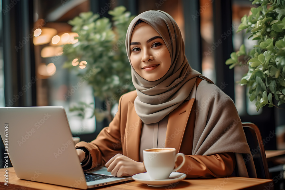 Happy woman using laptop and drinking coffee at a cafe Happy woman using laptop and drinking coffee at a cafe