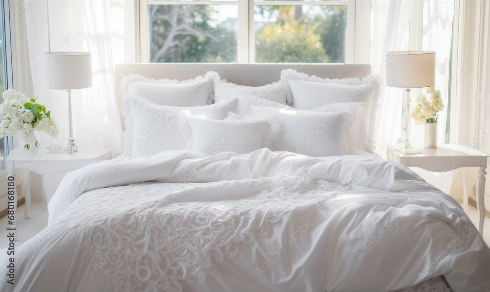Luxurious Bedroom, Comfortable King Size Bed, premium expensive cotton bed sheets, Residential Mansion or hotel Interior Luxurious Bedroom, Comfortable King Size Bed, premium expensive cotton bed sheets, Residential Mansion or hotel Interior