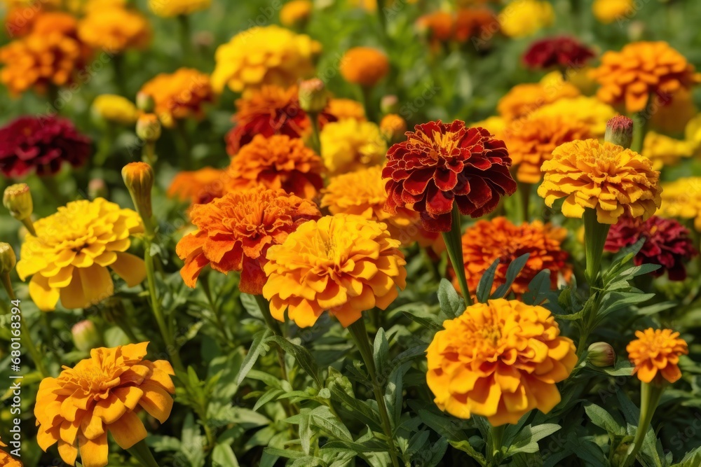 Marigold flowers in the garden. Marigold flower background. Spring Flowers. Springtime Concept with Copy Space. Mothers Day Concept.