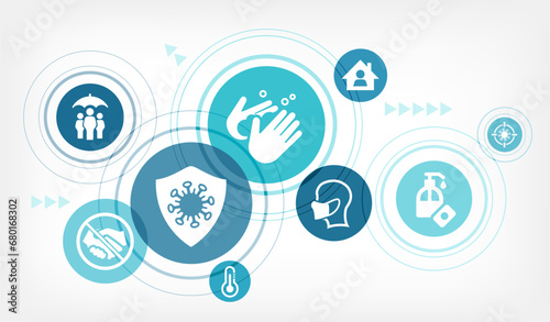 Infection prevention vector illustration. Concept with connected icons related to hygiene and virus protection measures, to prevent contamination & transmission of e.g influenza or corona / covid. 