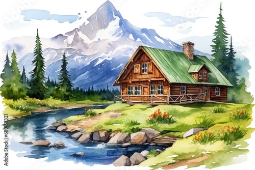 Nature mountains cabin house cottage home green wooden forest summer landscape travel building