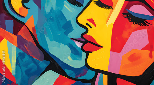 Colorful abstract profiles of a man and woman in fauvist style.