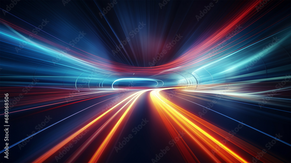 abstract colorful high-speed light trails background, motion effect, neon fastest glowing light, empty space scene, spotlight, cyber futuristic sci-fi background