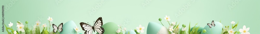 Easter and Spring Banner with Eggs, Flowers and Butterflys in Pastel Green Easter and Spring Banner with Eggs, Flowers and Butterflys in Pastel Green