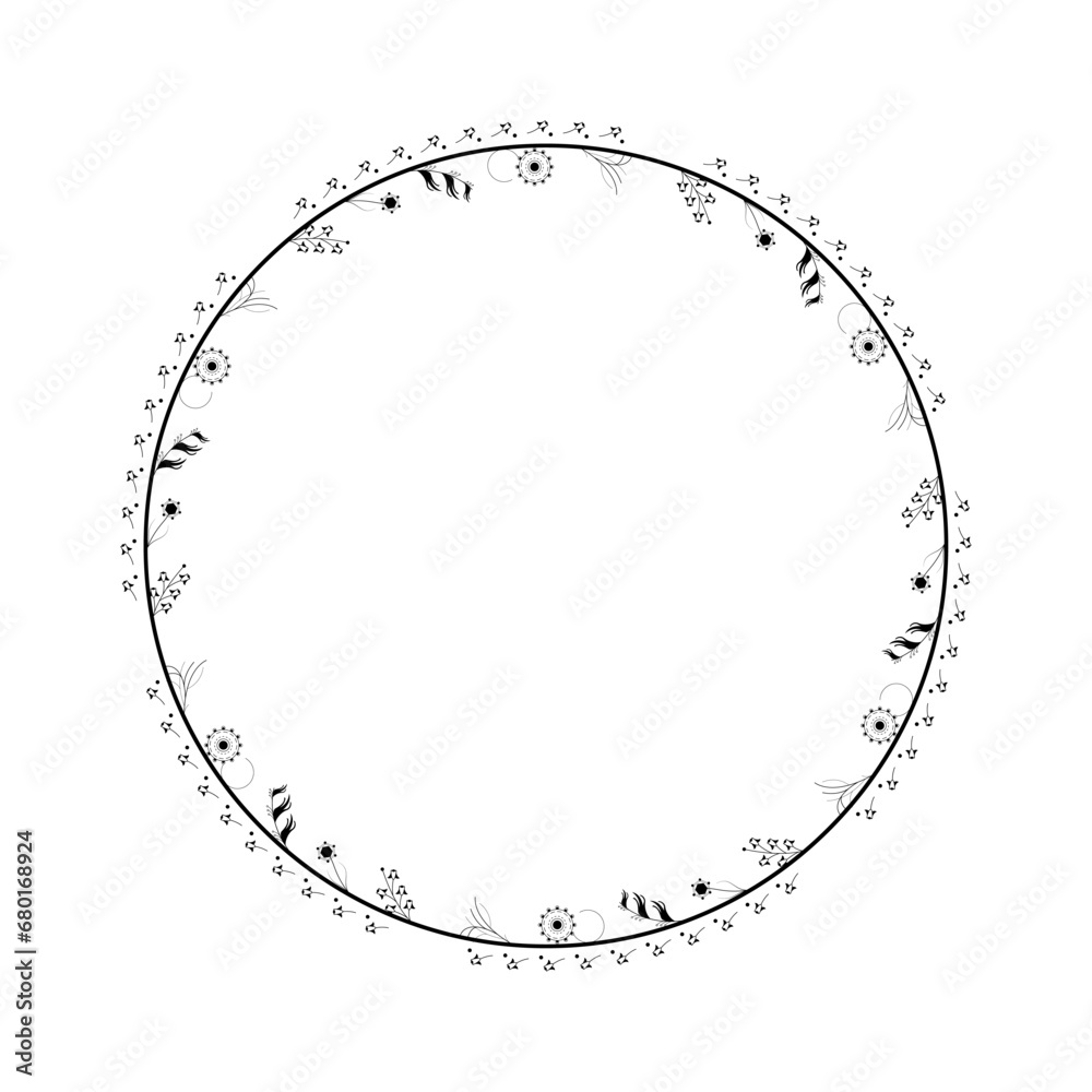 Abstract Black Simple Line Round Circle With Leaf Leaves Frame Flowers Doodle Outline Element Vector Design Style Sketch Isolated Illustration For Wedding And Banner