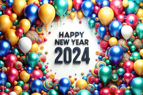 Happy New Year 2024 background  playful and colorful New Year celebration theme with balloons and confetti  showcasing the year 2024 in a fun and vibrant style.