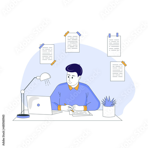 Young man studying at home online. Flat vector cold toned illustration.