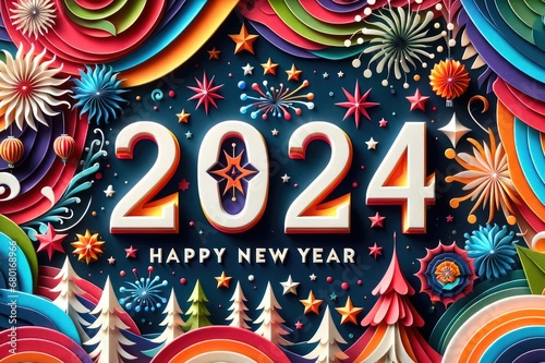 Happy New Year 2024 background, 3D paper art style celebration with layered ribbons, stars and balloons.