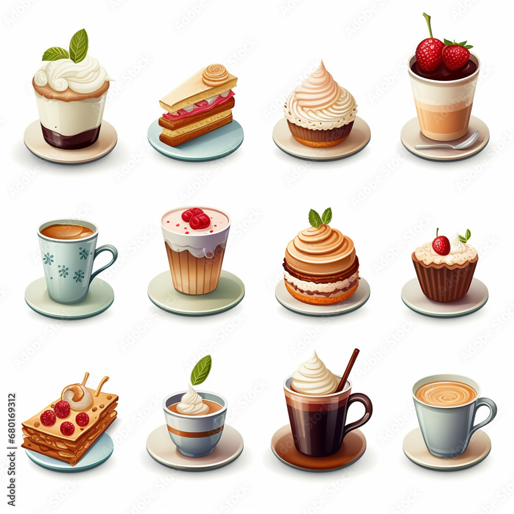 a set of detailed icons representing a variety of food and beverage items, from gourmet coffee to delectable pastries created with Generative Ai a set of detailed icons representing a variety of food and beverage items, from gourmet coffee to delectable pastries created with Generative Ai