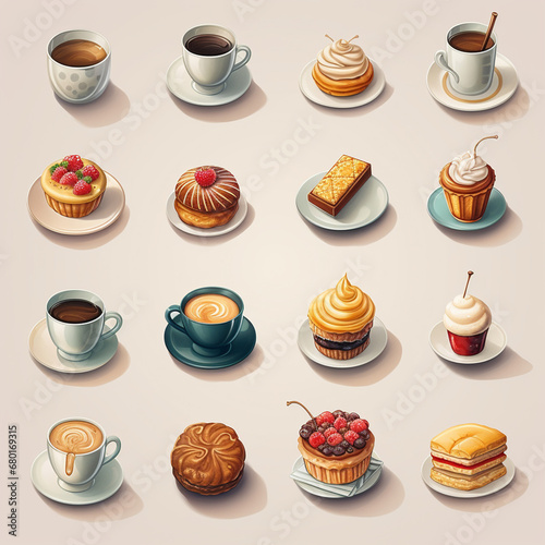 a set of detailed icons representing a variety of food and beverage items, from gourmet coffee to delectable pastries created with Generative Ai
