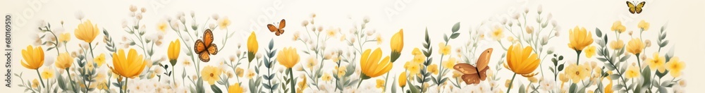 Easter and Spring Banner with Flowers and Butterflys in Sun Orange Easter and Spring Banner with Flowers and Butterflys in Sun Orange