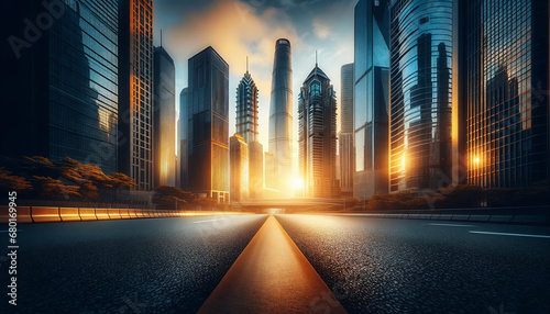 夕焼けに輝く未来都市と道 photo