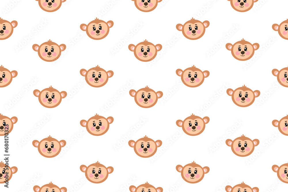 Seamless pattern with cute kawaii face, head of monkey for nursery, print or textile for kids. Vector cartoon illustration for baby, children