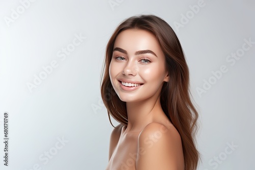 Portrait of a happy, confident, and healthy Caucasian woman with glowing skin and positivity. Generative AI photo