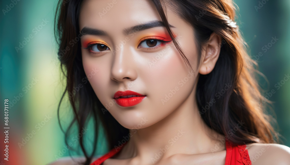 Fototapeta premium Closeup of a smiling sexy Asian woman model with vivid makeup on a blurred background with bokeh.