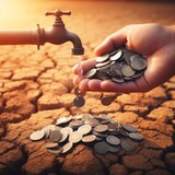 Hands grabbing money in a drought, climate change and cities without clean water, desertification of the earth