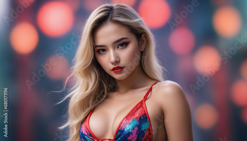 Closeup of smiling sexy Asian woman model in colorful bikini clothes on blurred background with bokeh.