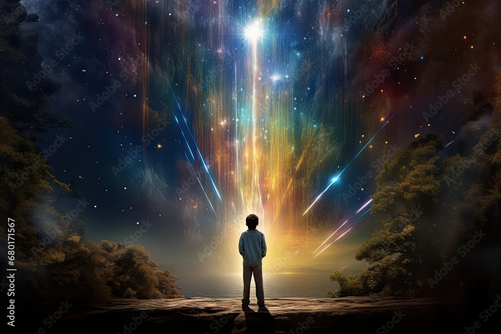 Man Immersed in the Enchanting Forest Under a Starry Sky Generative AI Man Immersed in the Enchanting Forest Under a Starry Sky Generative AI