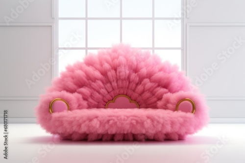 A pink fluffy chair sitting in front of a window.