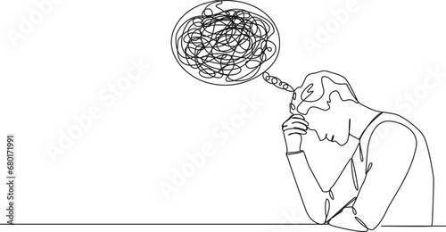 continuous single line drawing of worried or confused man with one hand at forehead, line art vector illustration