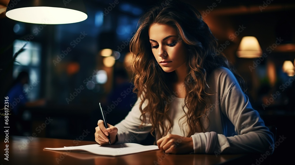A beautiful woman entrepreneur writing notes - obrazy, fototapety, plakaty 