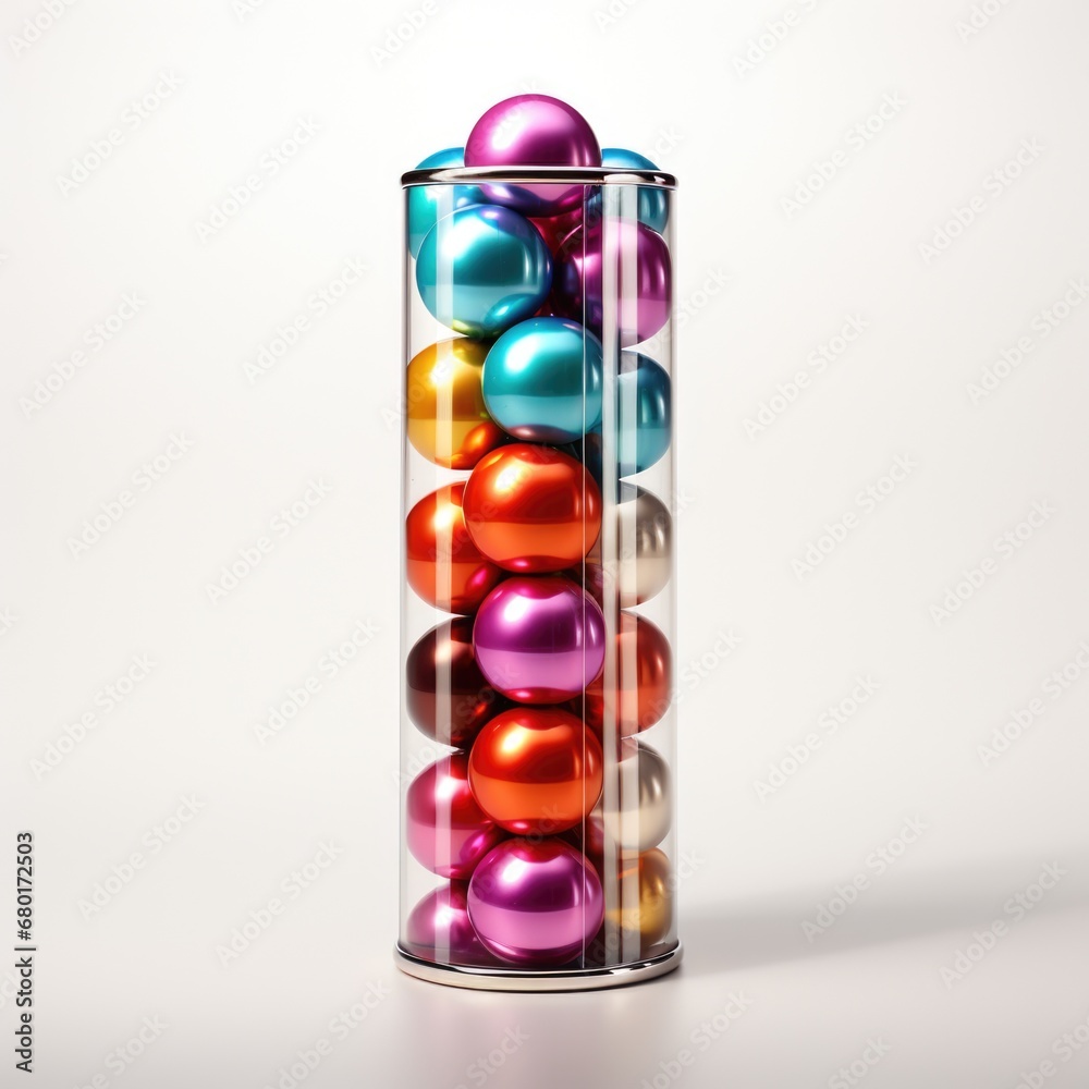 A tall glass filled with colorful christmas balls.