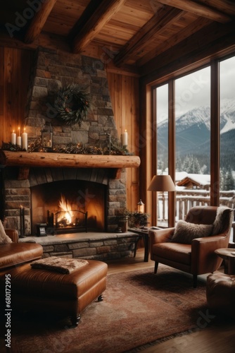Living room Cozy wooden house with a burning fireplace in the winter forest.