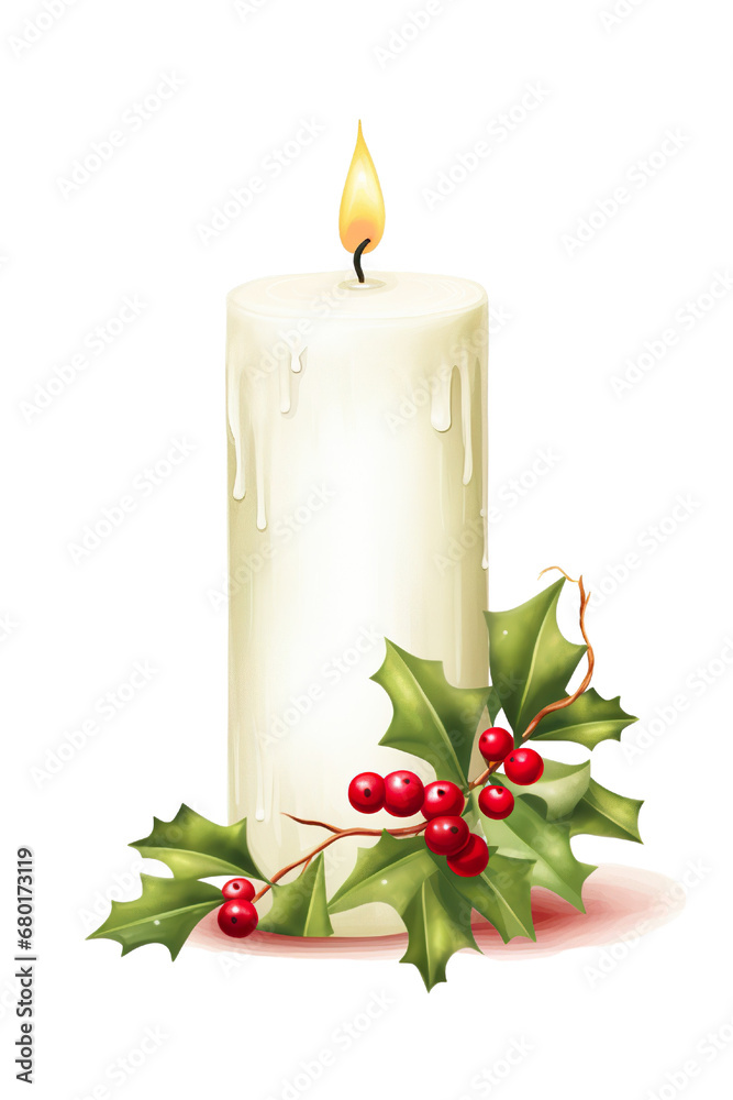 Photorealistic minimal clean simple attractive Christmas white candle with Mistletoe Christmas nursery Photorealistic minimal clean simple attractive Christmas white candle with Mistletoe Christmas nursery