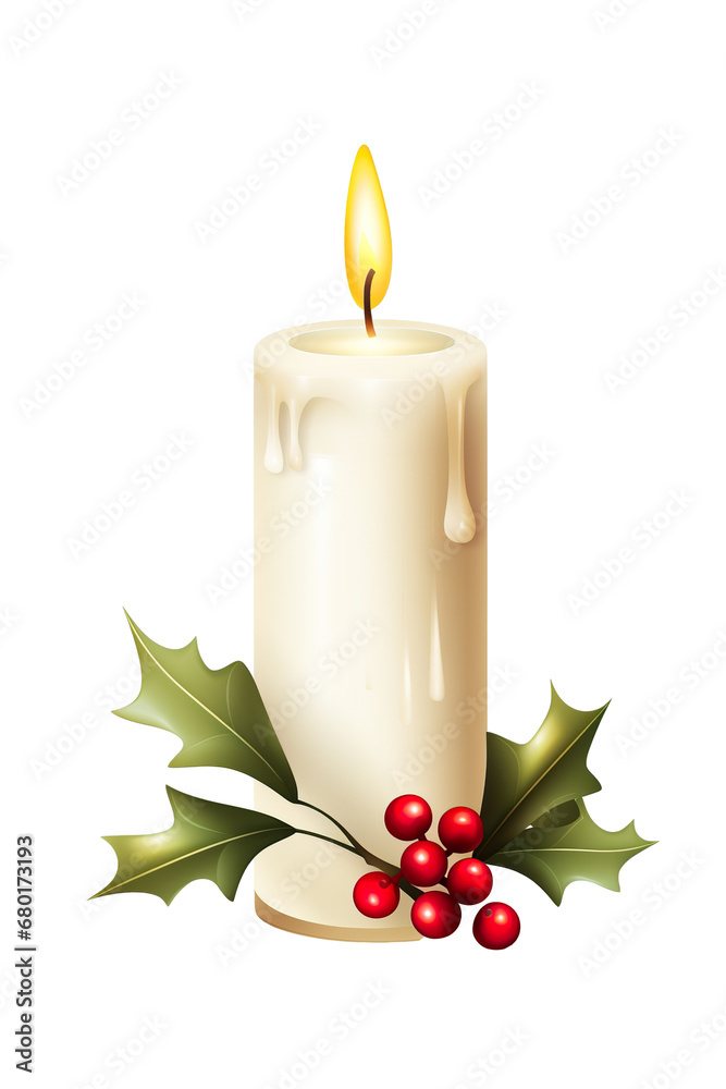 Photorealistic minimal clean simple attractive Christmas white candle with Mistletoe Christmas nursery Photorealistic minimal clean simple attractive Christmas white candle with Mistletoe Christmas nursery