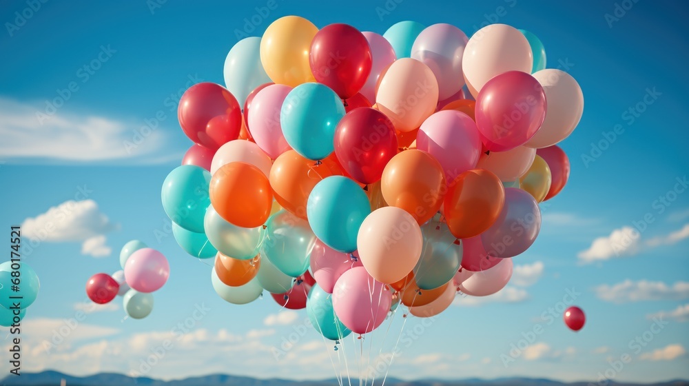 Colorful balloons set against a clear blue sky backdrop.