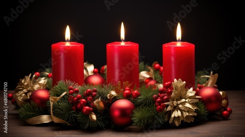  a group of three red candles sitting on top of a table next to a wreath and christmas decorations on top of a wooden table in front of a black background.