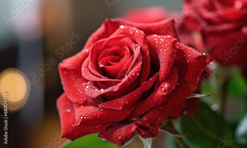 Beautiful red rose with water drops on it. Close up. Love Concept with Copy Space. Mothers Day Concept.
