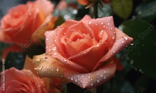 Beautiful pink roses with water drops on petals close-up. Love Concept with Copy Space. Mothers Day Concept.