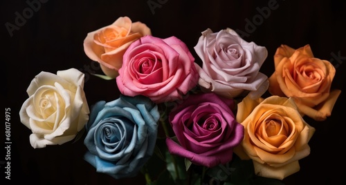 bouquet of colorful roses on a black background  close up. Love Concept with Copy Space. Mothers Day Concept.