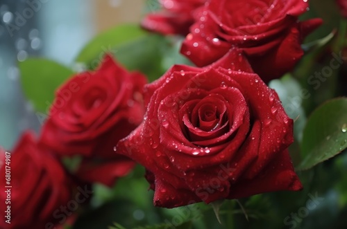 Red roses with water droplets on petals  close-up. Love Concept with Copy Space. Mothers Day Concept.