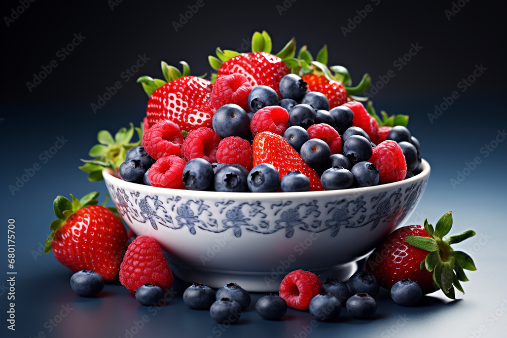 Assorted berries in a plate on blue background, Berries Background, Various fresh summer berries: strawberries, blueberries, raspberries, Closeup colorful assorted mix of fresh berries.