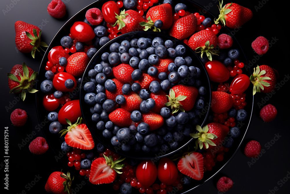 Assorted berries in a plate, from top view, Berries Background, Various fresh summer berries: strawberries, blueberries, raspberries, Closeup colorful assorted mix of fresh berries.