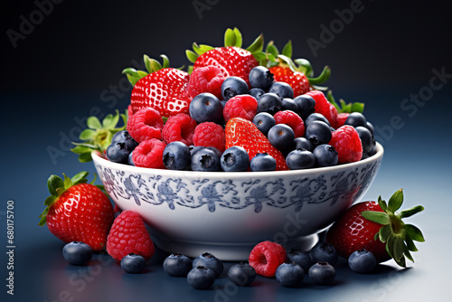 Obraz na płótnie Assorted berries in a plate on blue background, Berries Background, Various fresh summer berries: strawberries, blueberries, raspberries, Closeup colorful assorted mix of fresh berries. w salonie