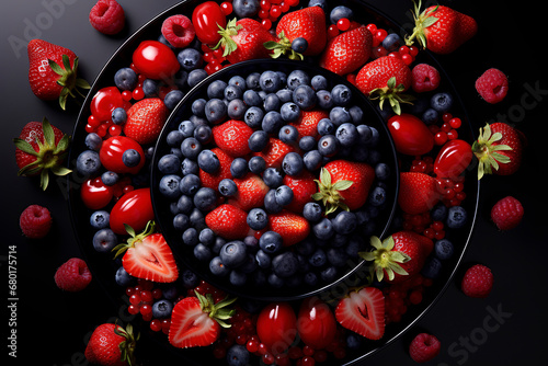 Obraz na płótnie Assorted berries in a plate, from top view, Berries Background, Various fresh summer berries: strawberries, blueberries, raspberries, Closeup colorful assorted mix of fresh berries. w salonie