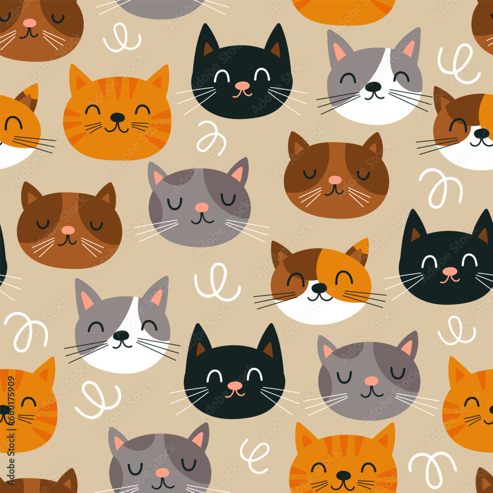 Seamless pattern background with cute cat characters. Childish print for fabric, wrapping paper, textile, wallpaper and apparel