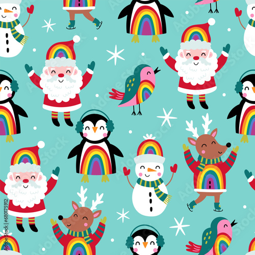 Christmas seamless pattern background cute Santa, snowman, penguin and reindeer characters with rainbow. Childish print for fabric, wrapping paper, textile, wallpaper and apparel