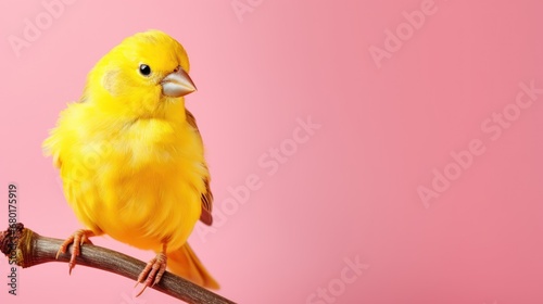  a yellow bird sitting on top of a branch on a pink background with a pink wall behind it and a pink background with a pink wall in the back ground.