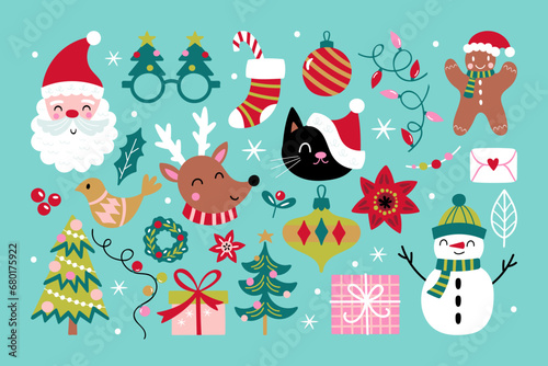 Christmas holiday cute elements set. Childish print for cards, stickers, apparel and decoration