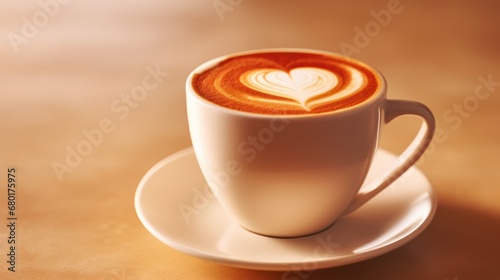  a cup of coffee on a saucer with a heart drawn in the foam on top of the cup and saucer on a saucer on a brown table.