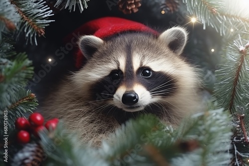 a cute racoon wearing a santa claus hat under a christmas tree © StockUp
