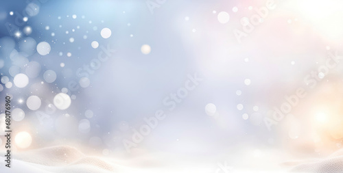 Christmas blurred light blue background with snowflakes and garland lights. New Year, winter holidays banner for design.Generative AI  © svf74