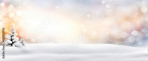 Christmas background with snowy fir tree on blurred snowfall bokeh lights. New Year, winter holidays banner for design.Generative AI 
