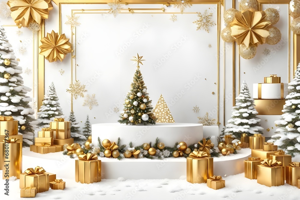Blue 3D luxury Christmas presentation with golden podium display on red background, illustration for advertising cosmetic products, christmas gifts and many others, Generative AI.