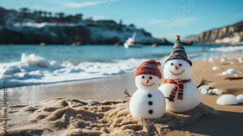 Santa hat and a beach snowman sitting in the sand.